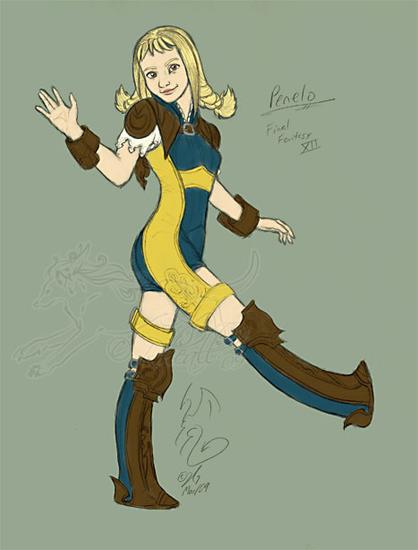 The same pencil drawing, but very quickly coloured in Photoshop with flat colours. She has blonde hair, and her outfit is yellow, dark teal, and brown.