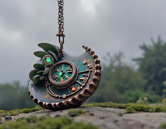 Close-up of a futuristic multi-tool pendant with electronic components, brass with worn green paint and patina, suspended from a chain and resting on a rock, with out of focus forest in the background, under a cloudy sky.