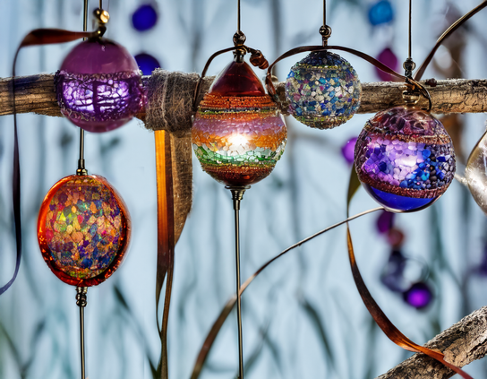 A collection of colorful round ornaments with sparkling glass mosaic tiled surfaces, hanging from branches decorated with ribbons, against a bokeh background.