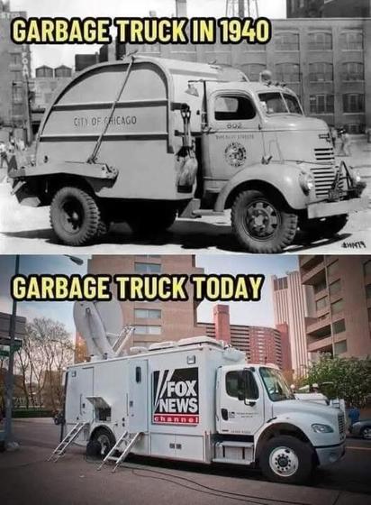 The image is a humorous comparison of two vehicles labeled as "Garbage Truck." The top half shows a black and white photo of a traditional garbage truck from 1940, with "City of Chicago" written on its side. The bottom half shows a modern color photo of a Fox News Channel broadcasting truck, labeled as "Garbage Truck Today." The text is meant to be a satirical commentary.