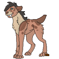 Brown saber with darker splotches, cream upper muzzle and neck and dark brownish gray "Mane" Fur in pixel form.