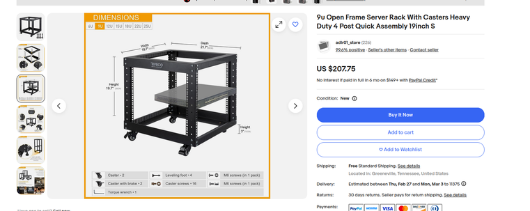 An ebay listing for a 9U open frame 4 post server rack with caster wheels. It's around $200, and the picture shows a racked 2U network switch inside of the server rack. There are dimensions listed on each side, showing a 19.7" height , 19.7" width, and a 21.7" depth - perfect for some standard 20x20 HVAC air filters and the box fan needed to turn it into a Corsi-Rosenthal Box.