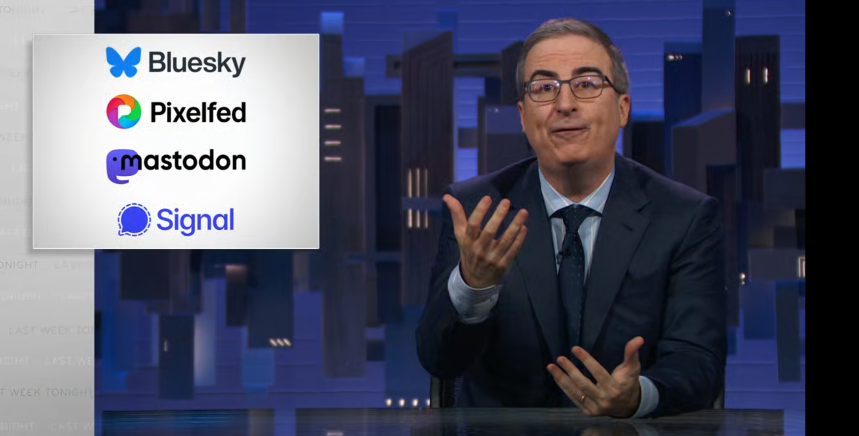 tv host John Oliver with image of BLuesky, Pixelfed, Mastodon and Signal logos