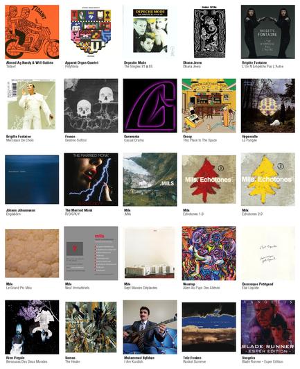Collage des pochettes des albums de Ahmed Ag Kaedy & Will Guthrie (Tidawt), Apparat Organ Quartet (Pólýfónía), Depeche Mode (The Singles 81 → 85), Dhana Jeera (Dhana Jeera), Brigitte Fontaine (L'Un N'Empêche Pas L'Autre), Brigitte Fontaine (Morceaux De Choix), France (Destino Scifosi), Garaventa (Casual Drama), Groop (This Place Is The Space), Hyperculte (La Pangée), Jóhann Jóhannsson (Englabörn), The Married Monk (R/O/C/K/Y), Mils (.Mils), Mils (Echotones 1.0), Mils (Echotones 2.0), Mils (Le Grand Pic Mou), Mils (Neuf Immatériels), Mils (Sept Masses Déplacées), Nonstop (Alien Au Pays Des Aliénés), Dominique Petitgand (État Liquide), Rien Virgule (Berceuses Des Deux Mondes), Sumac (The Healer), Mohammad Syfkhan (I Am Kurdish), Tele:Funken (Rocket Summer), Vangelis (Blade Runner - Esper Edition)