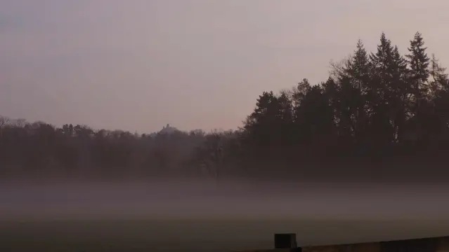 Burgruine auf dem Desenberg am Morgen . Nebelschwaden im Vordergrund.