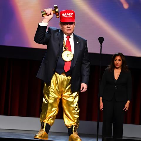 Donald Trump looks like a golden MC Hammer with parachute pants and a golden Flavor Flav clock around his neck. He is accepting the NAACP Chairman's Award at the Image Awards, which he has stripped from Kamala Harris by Executive Order.