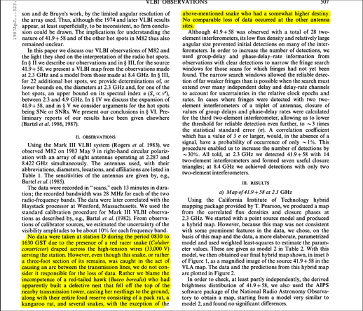 Screenshot of a page from the paper "VLBI Observations of 23 Hot Spots in the Starburst Galaxy M82" by N. Bartel et al. A highlighted section describes how one of the radio telescopes involved was not available for a 10 hour period due to a red racer snake draped over the high voltage power lines. The authors don't blame the snake, but rather a red tailed hawk whose nest fell from a nearby transmission tower, scattering her nestlings and their food reserves, including the snake which fell onto the power lines.