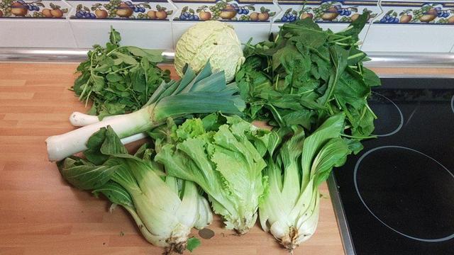 Contenido de la cesta de la semana sobre una encimera de cocina.
En la parte superior rúcula, un repollo y espinacas.
En el centro unos puerros.
Y debajo una lechuga flanqueada por dos pak chois.