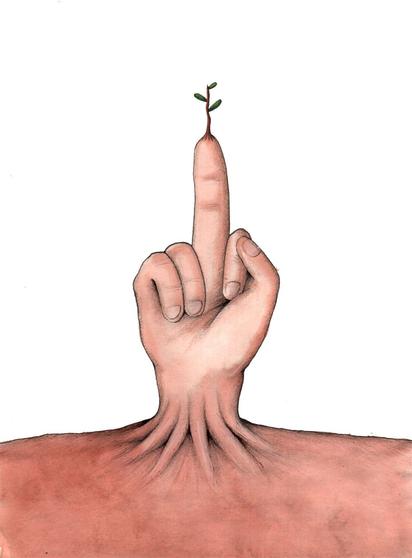 Un puny que surt de terra amb el dit cor aixecat. Del dit hi brota una planteta