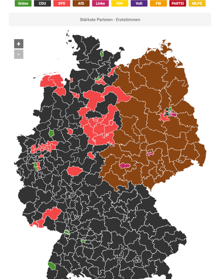 Map of Germany with election results. West Germany is mostly black (CDU/CSU) and some red (SPD) with a few specks of green. East Germany, apart from Berlin, Leipzig and Erfurt, is almost entirely brown. The division is exactly along the former east/west border.