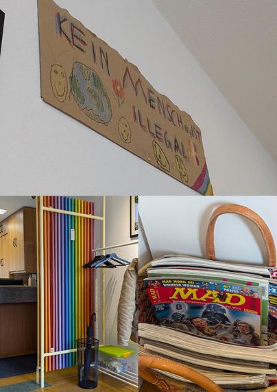 Eine Collage mit drei Bildern. Oben sieht man ein handgemaltes Schild mit der Aufschrift "kein Mensch ist illegal". Unten links eine Heizung in Regenbogenfarben und daneben einen Korb mit Ausgaben des MAD-Magazin.