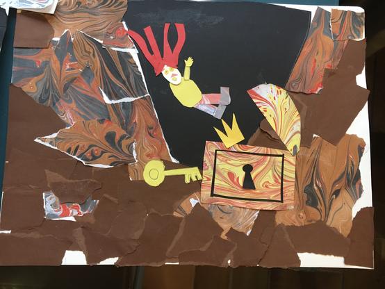 Une illustration représentant une fille aux cheveux rouges tombant dans un trou au fond duquel se trouve un coffre au trésor.