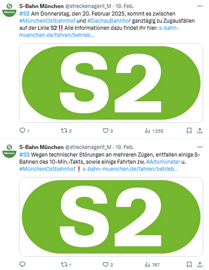 Tweets der Münchner S-Bahn vom 19.2. zu Zugausfällen auf der S2.
