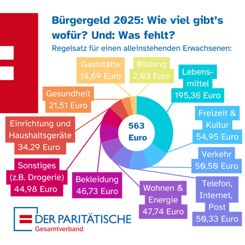 Tortengrafik mit Überschrift: Bürgergeld 2025: Wie viel gibt’s wofür? Und: Was fehlt? Regelsatz für einen alleinstehenden Erwachsenen:
Aufschlüsselung von Gesamtsumme von 563 Euro: 
Lebensmittel	195 Euro
Freizeit & Kultur	55 Euro
Verkehr	51 Euro
Telefon, Internet, Post	50 Euro
Wohnen, Strom, Reparaturen	48 Euro
Bekleidung	47 Euro
Sonstiges (z.B. Drogerie)	45 Euro
Haushaltsgeräte und -einrichtung	34 Euro
Gesundheit	22 Euro
Gaststätte	15 Euro
Bildung	2 Euro