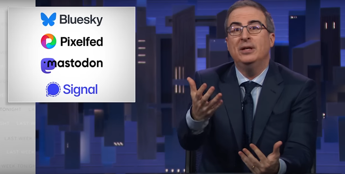Screenshot from John Oliver's Last Week Tonight show with logos of Bluesky, Pixelfed, Mastodon and Signal in the background