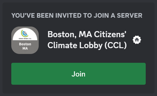 Invitation to join the Boston Massachusetts Citizens' Climate Lobby Discord server.