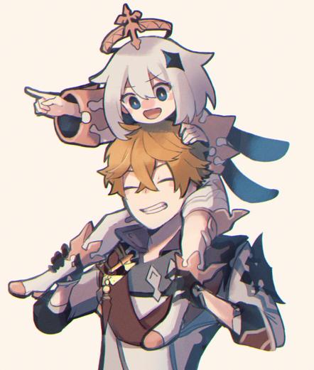 Paimon is being carried on the shoulders by the traveler. Both are happily smiling while Paimon points way forward.