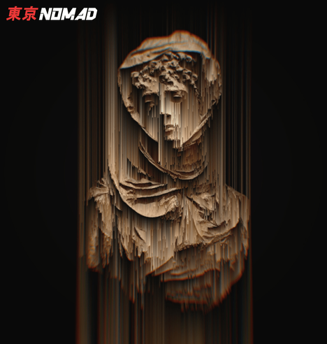 Glitch art of a busy of a statue. It looks like she's decaying upwards.