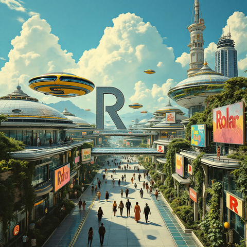 a hyperfuturistic solar cityscape inspired by 1970s design aesthetics with sleek, geometric buildings with domed roofs and expansive glass facades, interconnected by elevated walkways. Solar panels on rooftops and lush vertical gardens cascading down the sides of the structures. Vibrant, retro-futuristic vehicles flying just above ground level, showcasing curves and bright colors typical of 1970s sci-fi aesthetics. The sky is a brilliant blue with fluffy, white clouds, and the sun shining brightly, reflecting off the glass surfaces of the buildings. Floating advertisements in bold, colorful typography, and people in stylish, futuristic clothing walking along the streets and walkways, creating a lively urban atmosphere. The overall tone conveys optimism and innovation, capturing the spirit of a 1970s vision of a sustainable future. A large 'R' is visible in the background.