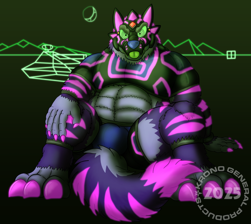 A drawing of a pink and purple glowing anthropomorphic wolf in a crop top and dangerously short pants with the background of 1980's vector arcade title "Battlezone".