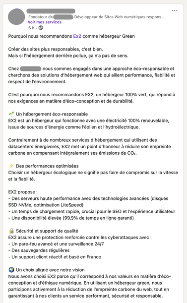 Capture d’écran d’un post LinkedIn pour écoblanchir un h ébergeur qui n’est pas du tout écoresponsable.