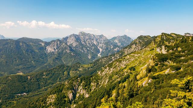 Das Bild zeigt eine Berglandschaft mit grünen, bewaldeten Hängen und felsigen Gipfeln. Im Vordergrund sind dichte, saftig grüne Bäume und Sträucher zu sehen, während sich die Berge im Hintergrund majestätisch erheben. Die Gipfel sind teilweise felsig und schroff, mit tief eingeschnittenen Tälern, die einen atemberaubenden Blick auf die Natur bieten. Der Himmel ist klar und blau mit einigen weißen Wolken. Insgesamt vermittelt das Bild eine ruhige, idyllische Atmosphäre und lädt zu einer Wanderung oder Erkundung dieser wunderschönen Naturkulisse ein.