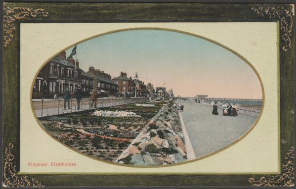 Printed embossed colour postcard with ornate border showing a view of Kingsway at Cleethorpes in Lincolnshire.
Published by Valentine & Sons Ltd, Dundee & London, Valentine's Series, No 60285, photo registered in 1908.
Postally used on 2 August 1910 with double circle Cleethorpes cancellation on green halfpenny stamp and sent to Miss C Garrett, 66 Gresham Street, Leicester.
Good condition, with some corner bumps.
