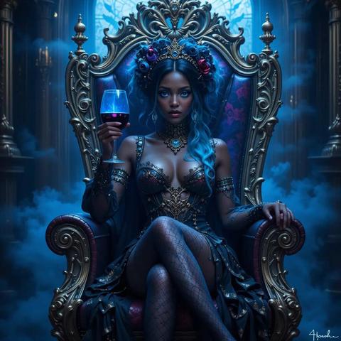 chica negra vestida de azul sentada en un trono sosteniendo una copa de vino, generada por inteligencia artificial