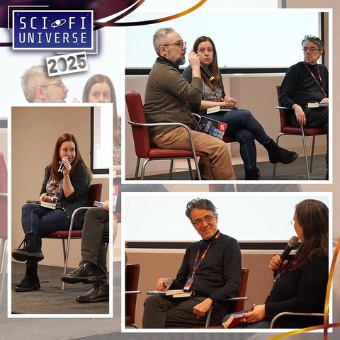 L'immagine è un collage di diverse scene dello stesso evento, presumibilmente una conferenza o un festival di fantascienza chiamato "Sci-Fi Universe 2025".

La scena principale mostra un pannello di discussione con tre persone sedute su sedie rosse. Un uomo con la barba e gli occhiali sta parlando con un microfono, mentre una donna seduta accanto a lui sembra pensierosa. Un altro uomo è seduto all'estremità del pannello e ascolta.

Un'altra scena mostra una donna che parla con un microfono, mentre un uomo seduto accanto a lei ascolta attentamente.

Una terza scena mostra due persone sedute su sedie rosse che si parlano con dei microfoni. Un uomo sorridente con gli occhiali indossa un badge con il logo dell'evento.