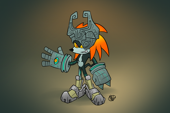 A fusion of two character. Knuckles the Echidna and Midna from the Legend of Zelda: The Twilight Princess. Knuckles is known for large hands and big boots, which is opposite of Midna, so stone-hand gloves are equipped with eyeballs in the palms, as a nod to the many eyeball-in-hand bosses in the Zelda series. Knuckles is also wearing Link's Iron Boots. Knuckles legs and body follow the dark body of Midna with bright green ruins. He now has yellow eyeballs with orange pupils, and is wearing a stone crown. His spines are now a glowing orange to match the hair that comes out of Midna's stone crown.