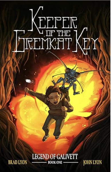 book cover. a boy holding a rod in his hand is being flown threw a gnarly cave flowing with lava by a large dragonfly-like insect.