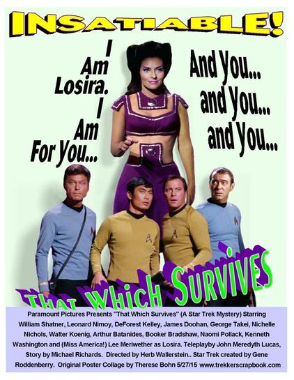 Poster for Star Trek episode That Which Survives, featuring an attractive woman standing above McCoy, Sulu, and Kirk saying, "I am for you, and you, and you."
