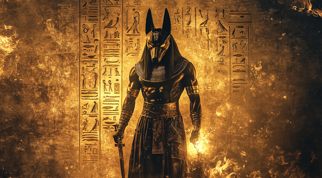 Gardien de l'Au-Delà
Représentation majestueuse d’Anubis, le dieu égyptien des morts, drapé d’or et de noir, entouré de hiéroglyphes sacrés et d’une aura enflammée.
Majestic depiction of Anubis, the Egyptian god of the dead, clad in gold and black, surrounded by sacred hieroglyphs and an aura of flames.