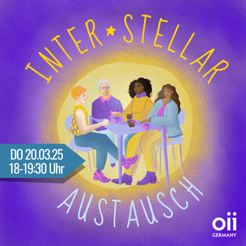 Inter Stellar Austausch Das Bild zeigt eine diverse Gruppe von Menschan an einem Tisch sitzend.