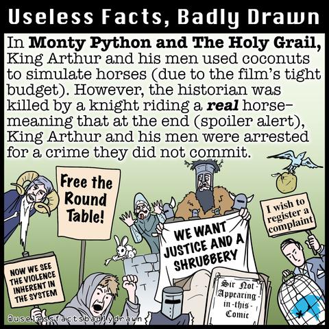 In Monty Python and The Holy Grail, King Arthur and his men used coconuts to simulate horses (due to the film's tight budget). However, the historian was killed by a knight riding a real horse-meaning that at the end (spoiler alert), King Arthur and his men were arrested for a crime they did not commit.