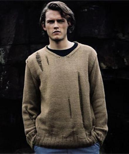 Erika Knight pattern Earthly distressed men’s sweater with drop stitch ladders