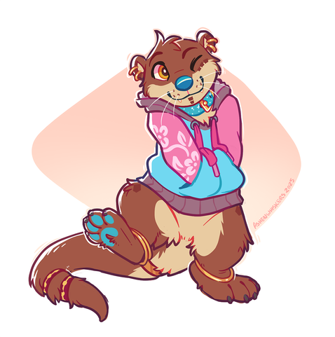 Percy the Otter wearing a cute pink and blue hoodie, looking happy with his paws in the pockets.