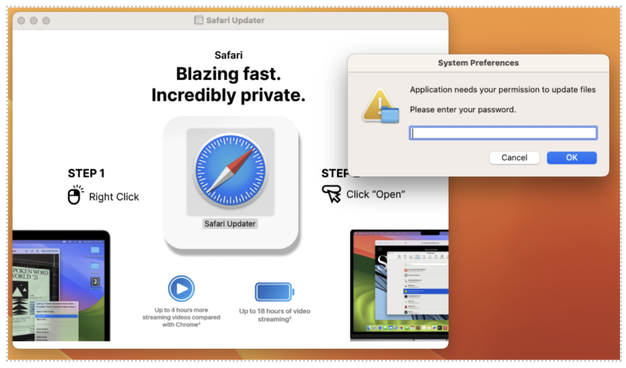 Interface trompeuse d'une prétendue mise à jour de Safari, avec un faux programme d'installation. Une fenêtre système demande le mot de passe de l'utilisateur, ce qui pourrait permettre l'exécution d'un stealer. (Source : Proofpoint)