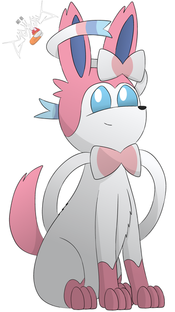 An illustration of the Pokémon Sylveon, sitting and smiling shyly at the camera.