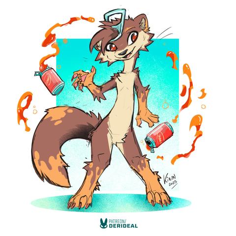 A soda themed ferret: their base colour is brown with a lighter shade for their front reaching from upper thighs to lower face, paired with orange splotches on paws, lower legs and forearms. There's also a large soda can tab on their forehead.