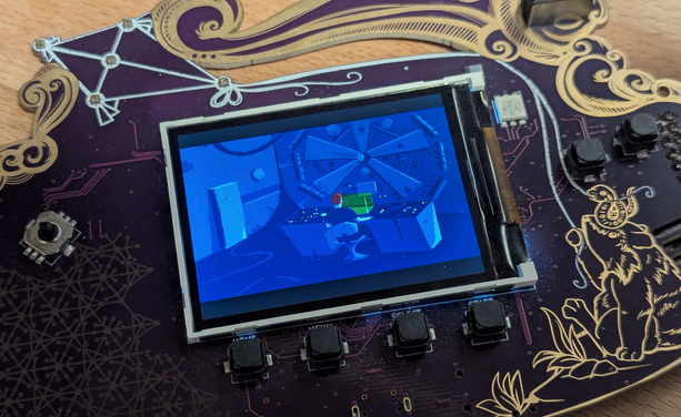 An image of the mch2022 badge running Another World's famous intro scene.