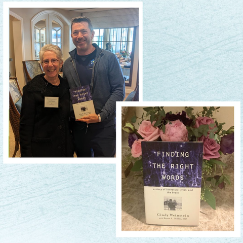 picture on left: me with Dr. Lefferman. I am in a black jacket; he is in a t-shirt with blue sweatshirt holding my book. picture on right. A copy of Finding the Right Words in front of a bouquet of pink roses.