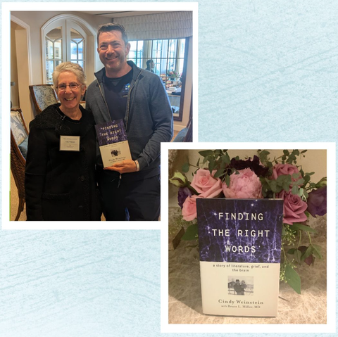 picture on left: me with Dr. Lefferman. I am in a black jacket; he is in a t-shirt with blue sweatshirt holding my book. picture on right. A copy of Finding the Right Words in front of a bouquet of pink roses.