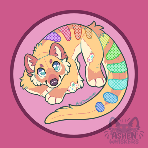 Art of a plush thylacine. The plush is warm tans and browns with patchwork rainbow stripes and stars in their blue eyes. They're standing in kind of loose play bow.