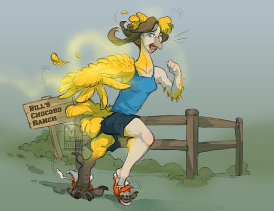 A female jogger looks on in surprise as she is half transformed into a large yellow bird, both feet breaking free of running shows, and feathers replacing  hair. A sign in the backgroundreads 'Bill's Chocobo Ranch'