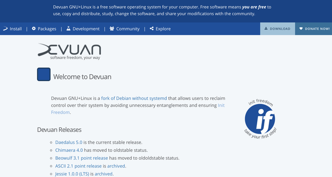 Screenshot of the Devuan Linux distribution home page