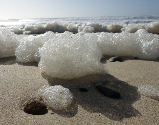 Photographie de grappe de mousse d'écume sur une plage, prise au ras du sol. Des petits galets et l'ombre d'un paquet de mousse donnent l'impression d'un visage sur le sable