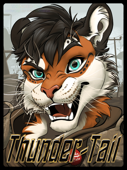 A badge for Thunder Tail, a tiger with blue eyes and small spots around his eyes. He is grinning at the viewer in a Fallout-Themed setting