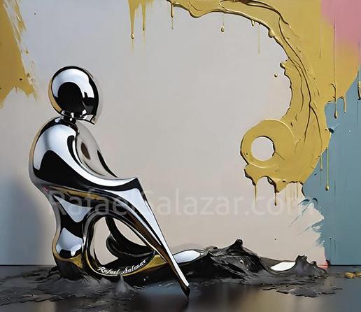 A reflective, liquid-metal humanoid figure in a seated pose against an abstract background with dripping gold and pastel textures by artist Rafael Salazar at RafaelSalazar.com
