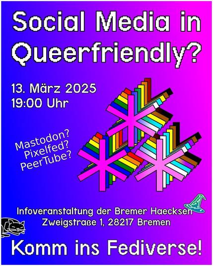 Sharepic: 'Social Media in Queerfriendly?' Mastodon? Pixelfed? PeerTube? Asterism Symbol in progressive pride Farben